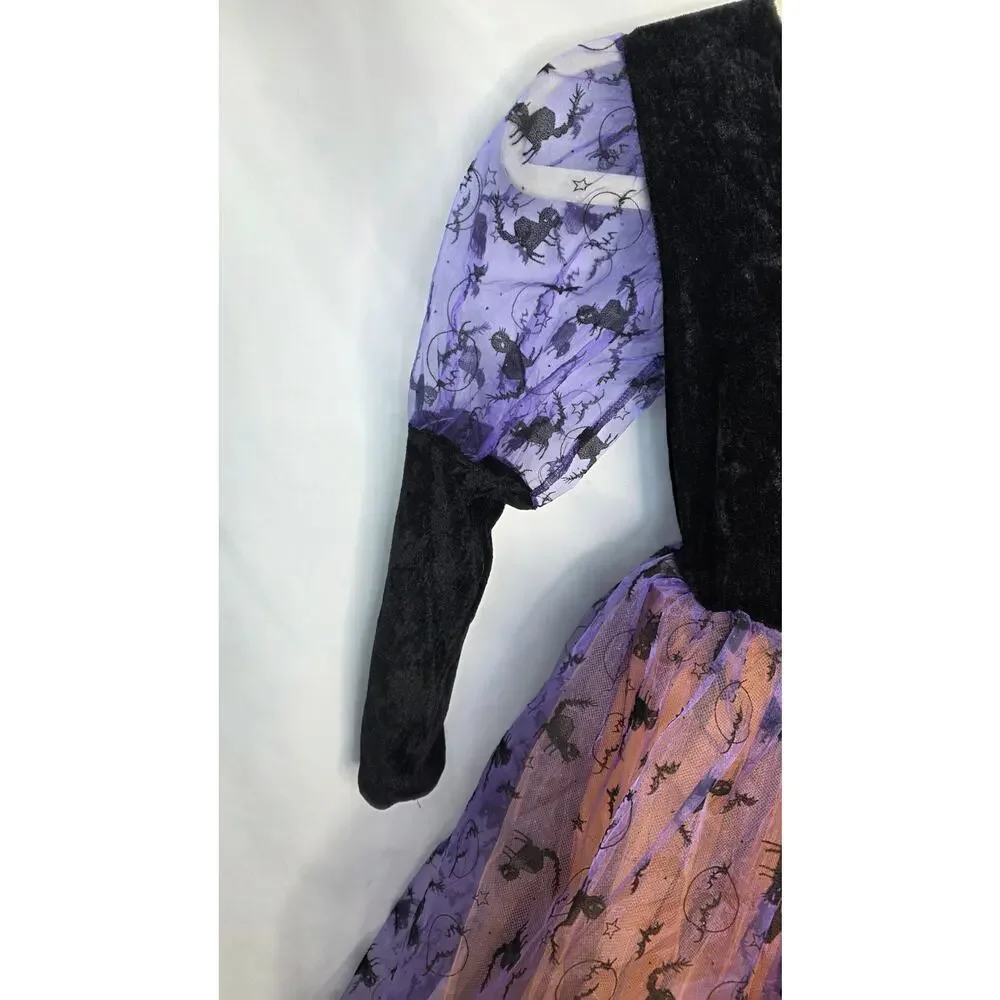 Light Up Witch Costume With Head Band Hat Girls L Purple Orange Halloween Dress